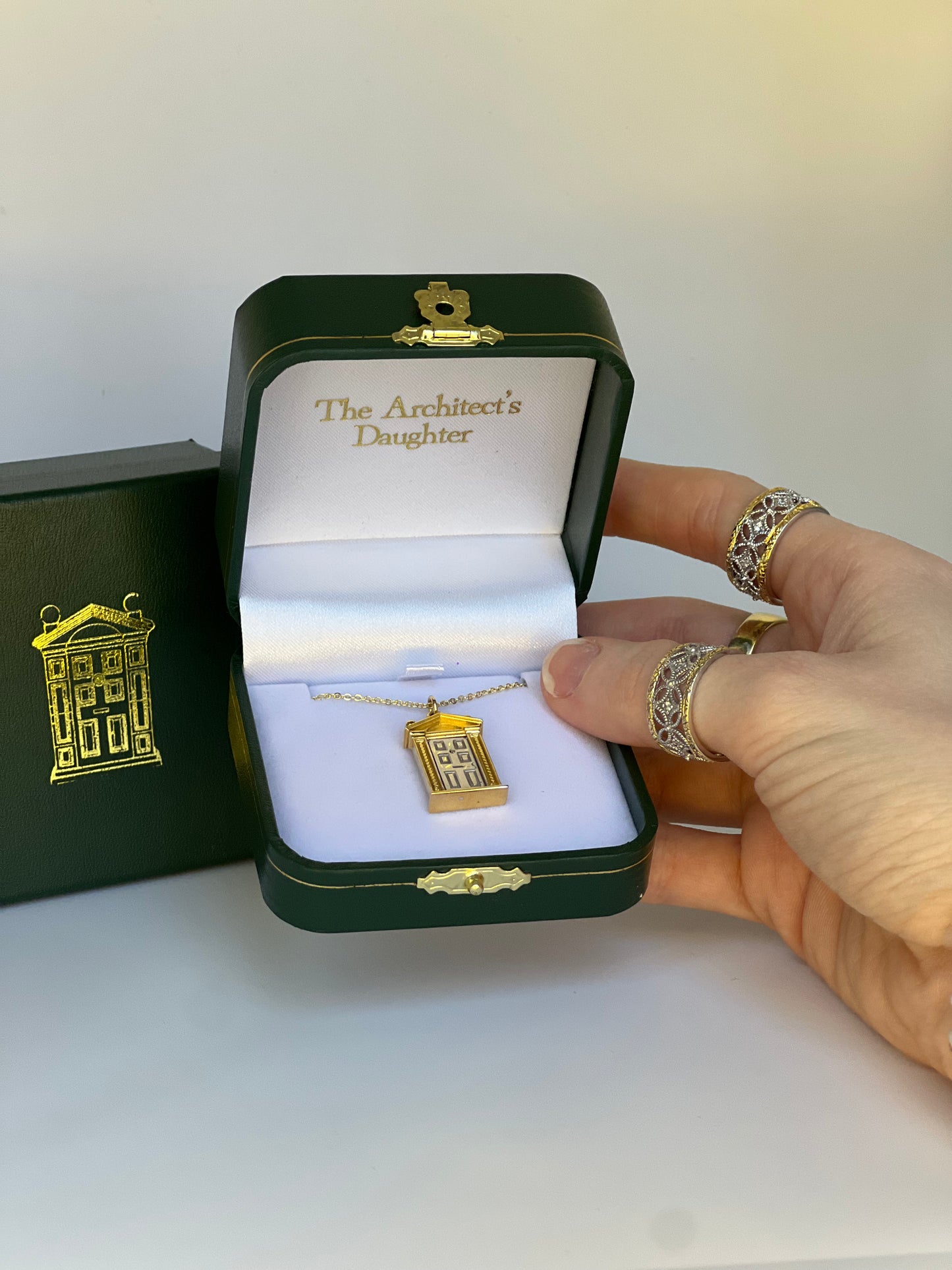 The Scrollwork Little Door Necklace – White Gold Door, Yellow Gold Frame Edition