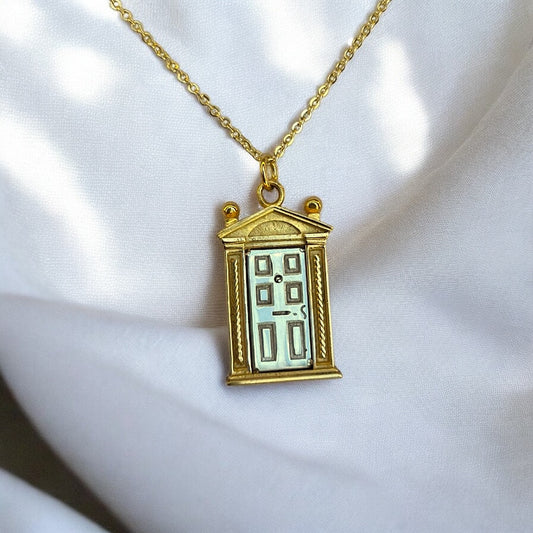 The Scrollwork Little Door Necklace – White Gold Door, Yellow Gold Frame Edition
